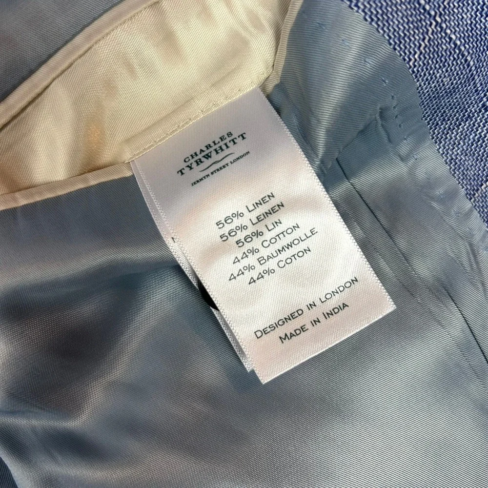 Charles Tyrwhitt Sport Coat Slim Fit Linen Cotton Plaid Men 40S Light Blue